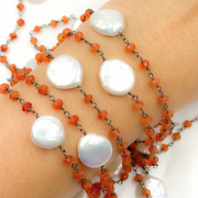 Carnelian & Pearl Round Shape Oxidized Wire Chain.
